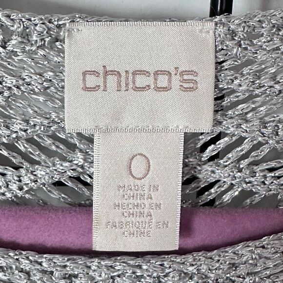 Chico’s Shine Stitch Theodora Pullover Sweater Womens 0 (S) Silver Open Knit - Picture 7 of 12